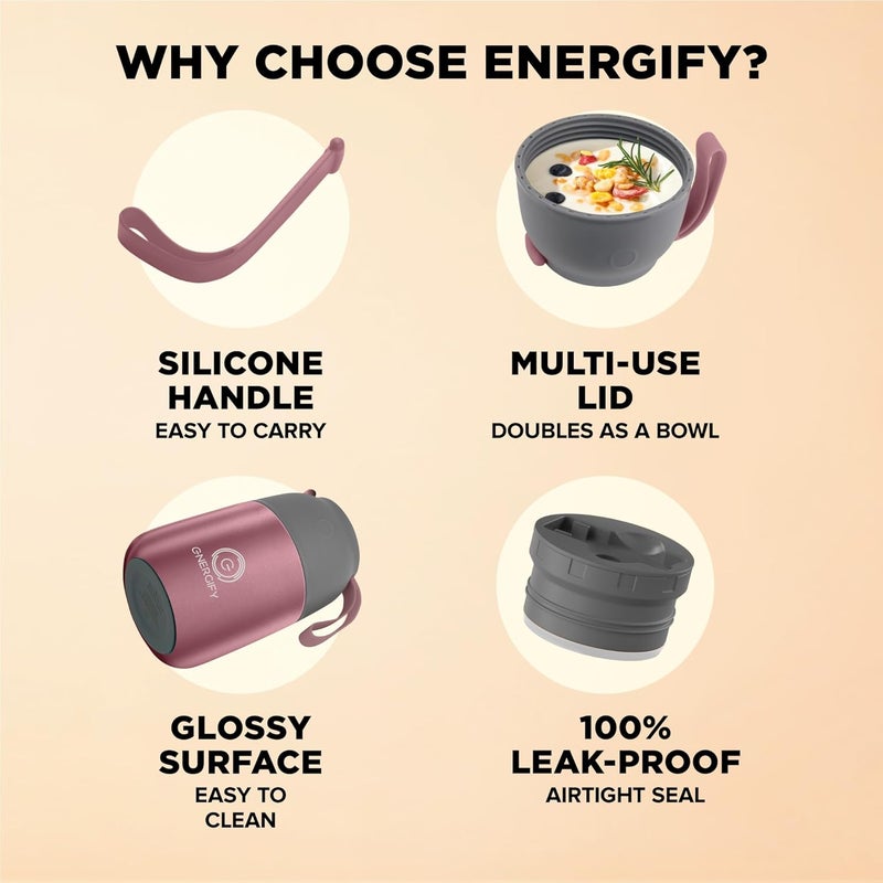 ENERGIFY Vacuum Insulated Food Jar. Large 17oz Bowl incl. Folding Spoon, Cup. Wide Mouth Keep Hot & Cold Drinks Soup Lunch Container for Adults. BPA-Free Stainless Steel, Leak Proof Rose Gold - Image 5